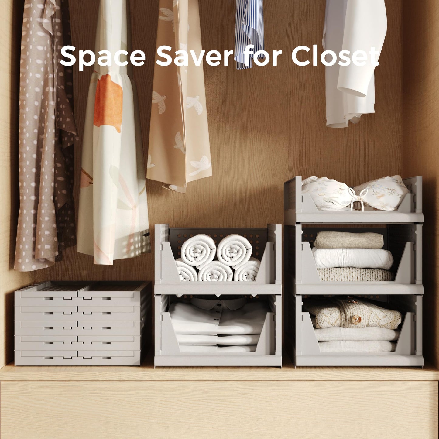 Pinkpum 5 Pack Folding Closet Organizers Storage Box, Stackable Plastic Drawer Basket for Clothing, Stackable Storage Bins Shelf Storage Container for Closet Wardrobe Bedroom Bathroom Office (Grey)