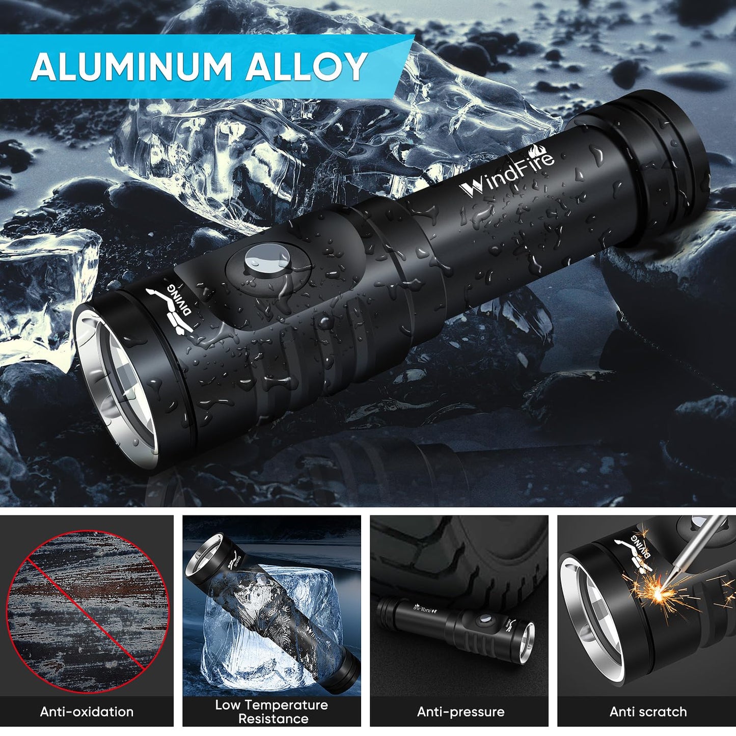 WINDFIRE Dive Light Scuba Diving Flashlight, Super Bright Rechargeable Waterproof Torch with Power Indicator, 3 Modes Underwater Lights, Scuba & Snorkeling Safety Dive Lights for Night Diving