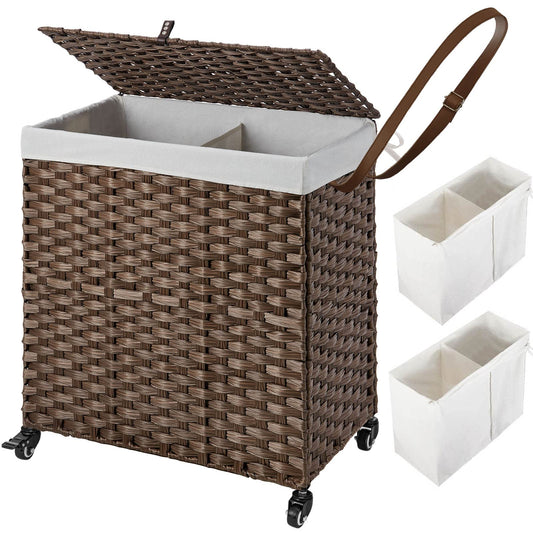 Greenstell Laundry Hamper with Wheels, No Install Needed, 110L Divided Handwoven Hampers & 2 Removable Liner Bags, Rattan Clothes Laundry Basket with Lid & Handles, Foldable Hampers Brown 22x13x26.4In
