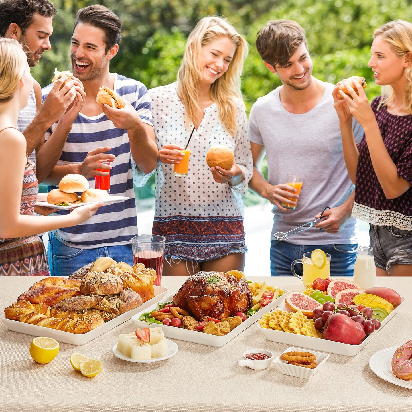 Lifewit Plastic Serving Tray for Party Supplies, 15" x 10" White Trays for Serving Food, Reusable Large Platter for Buffet, Fruit, Dessert, Snack, Veggie, Kitchen and Outdoor Use, Rectangle, 3 Pcs