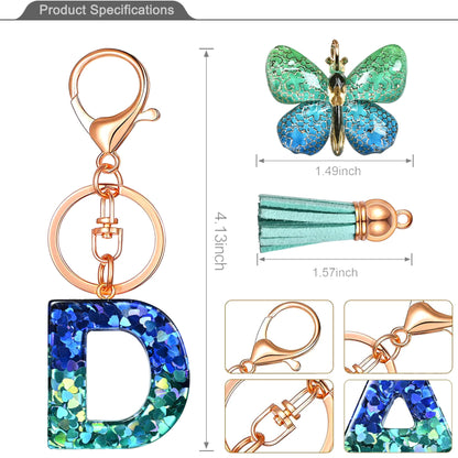 JINGUAZI Initial letter Keychains for Women Tassel Butterfly Pink Purple Cute Car Keychain for Wallet Backpack bag charm (D-Blue Green)