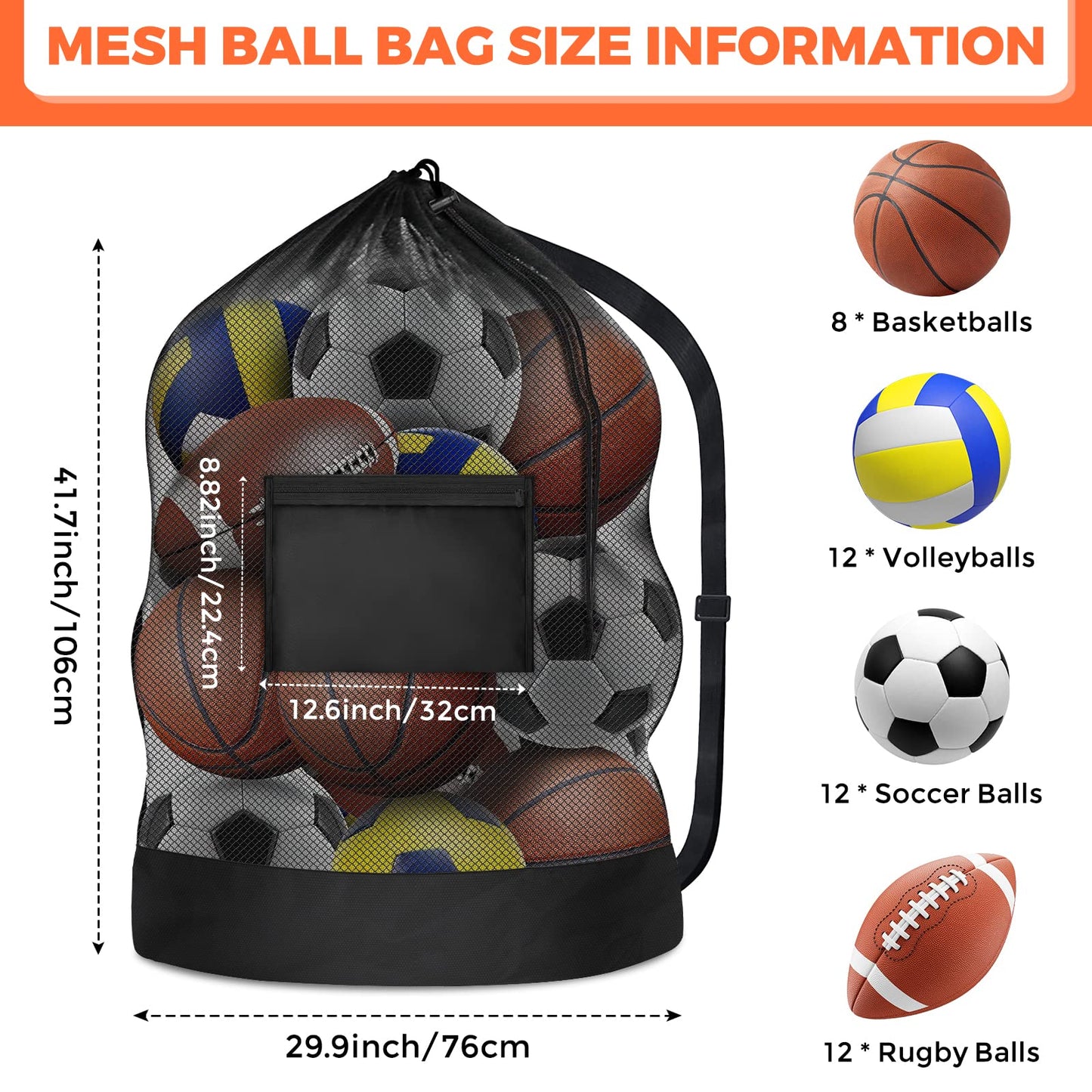 Extra Large Sports Ball Bag, Mesh Soccer Team Balls Bag, Drawstring Sport Equipment Storage Bag for Basketball, Beach Cloth and Swimming Gears with Adjustable Shoulder Strap & Front Pocket(30” x 40”)
