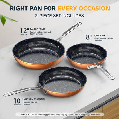 Nuwave 3-Piece 8”, 10”, 12” Forged Lightweight Frying Pan Set, G10 Healthy Duralon Blue Ceramic Ultra Non-Stick, Ergonomic Stay-Cool Handles, Induction-Ready & Works on All Cooktops