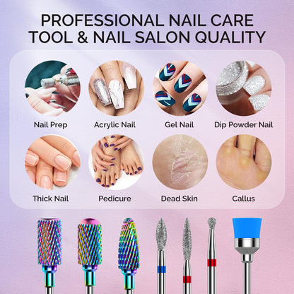 MelodySusie Nail Drill Bits Set, 7pcs Tungsten Carbide Diamond Nail Drill Bits for Acrylic Nails Poly Gel Cuticle Remove, 3/32'' Professional Nail Bits for Nail Drill Efile, Manicure Pedicure Tools