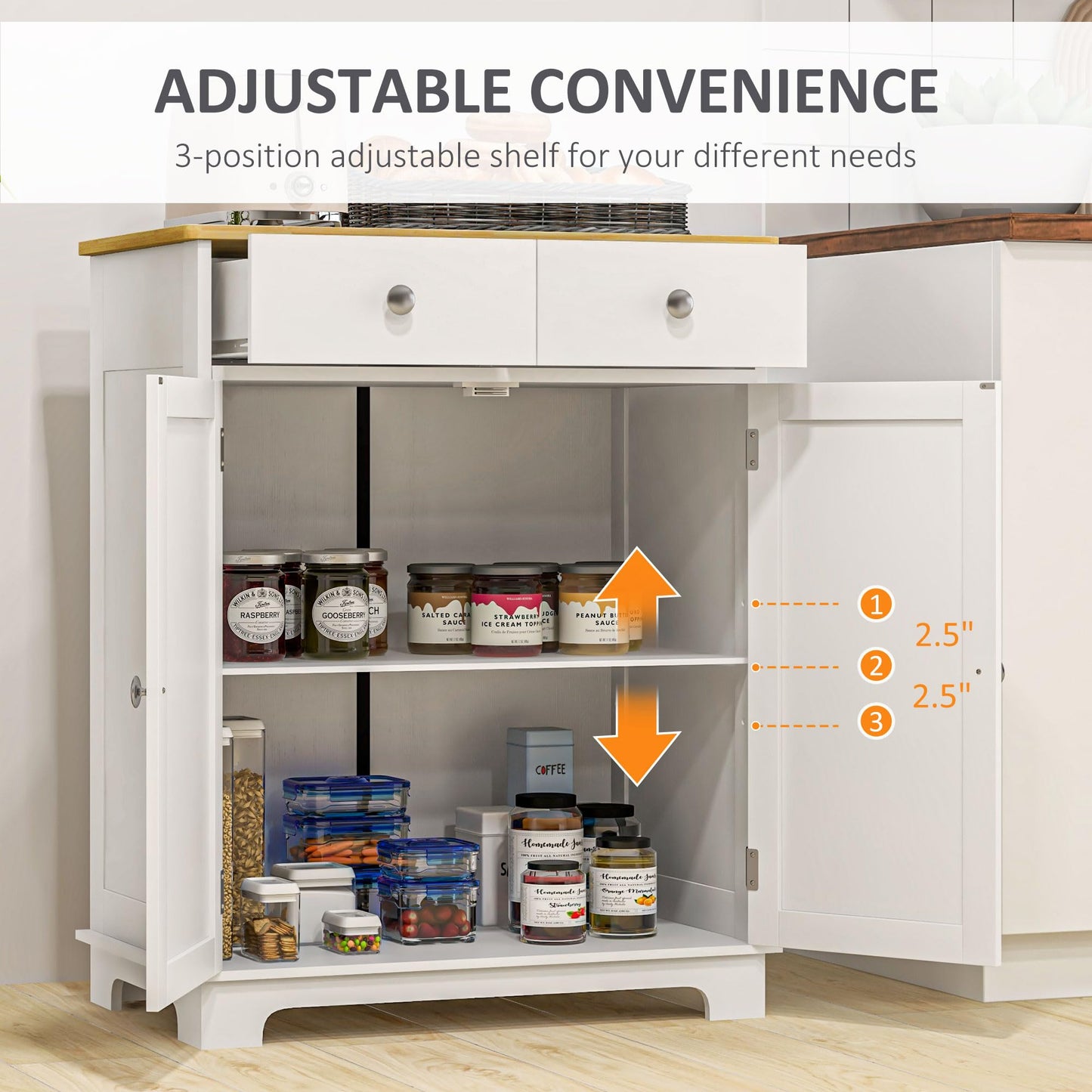 HOMCOM Sideboard with Solid Wood Countertop, Modern Kitchen Storage Cabinet, Coffee Bar Cabinet with 2 Drawers, Doors and Adjustable Shelf, Distressed White