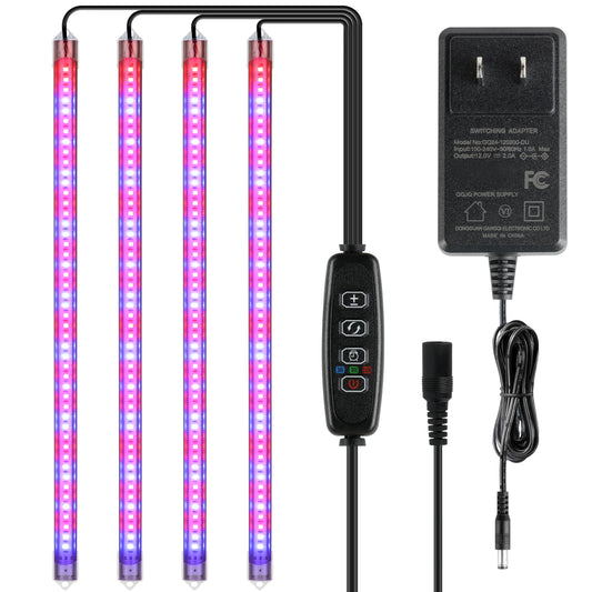 iPower LED Grow Light Strips Full Spectrum for Indoor Plants with Auto ON/Off 3/9/12H Timer, 10 Dimmable Levels 48 LEDs Per Tube, Sunlike Grow Lamp for Hydroponics Succulent, 1 Pack, Red&Blue, 4 Tubes
