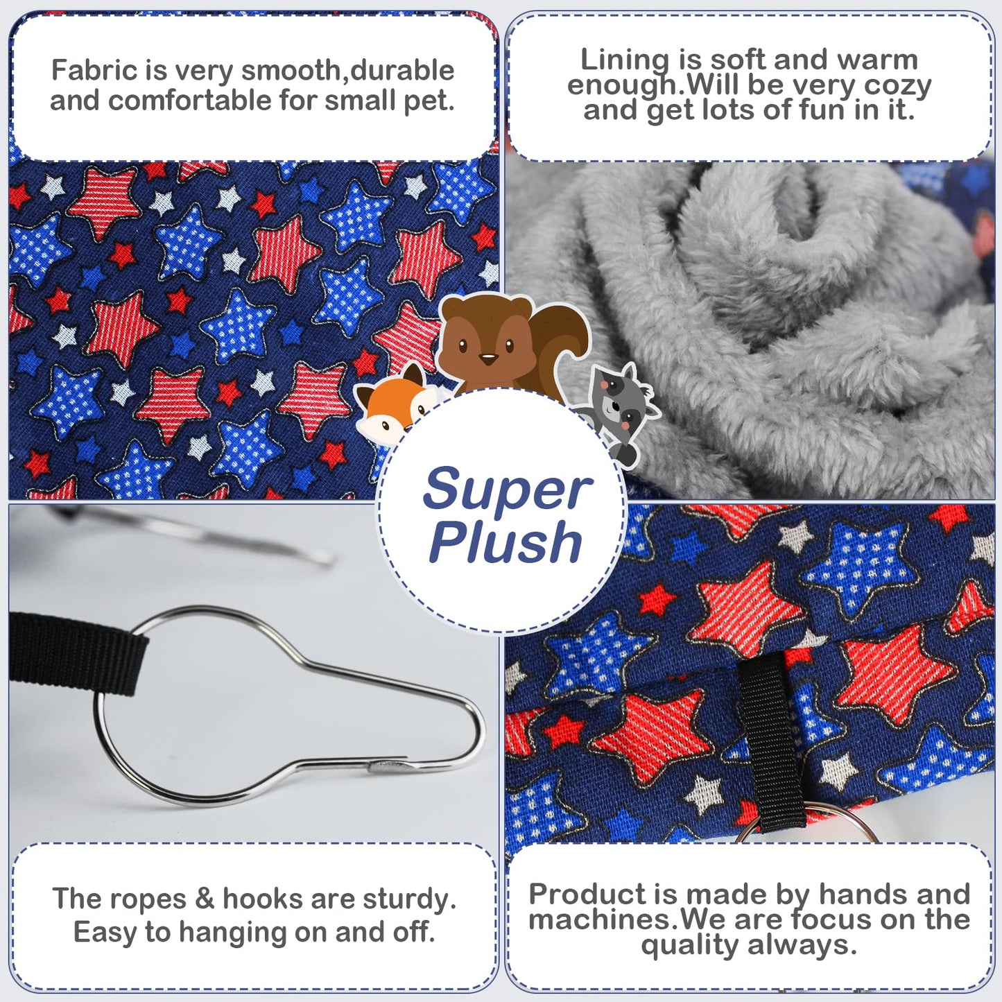 petonfun Ferret Rat Hammock Set Guinea Pig Hideout Bed,Soft Hamster Toys Hanging Tunnels and Tubes,Plush Small Animal Pet Chinchilla for Cage Accessories Hide,Play and Sleep,2 Pack,Blue Star