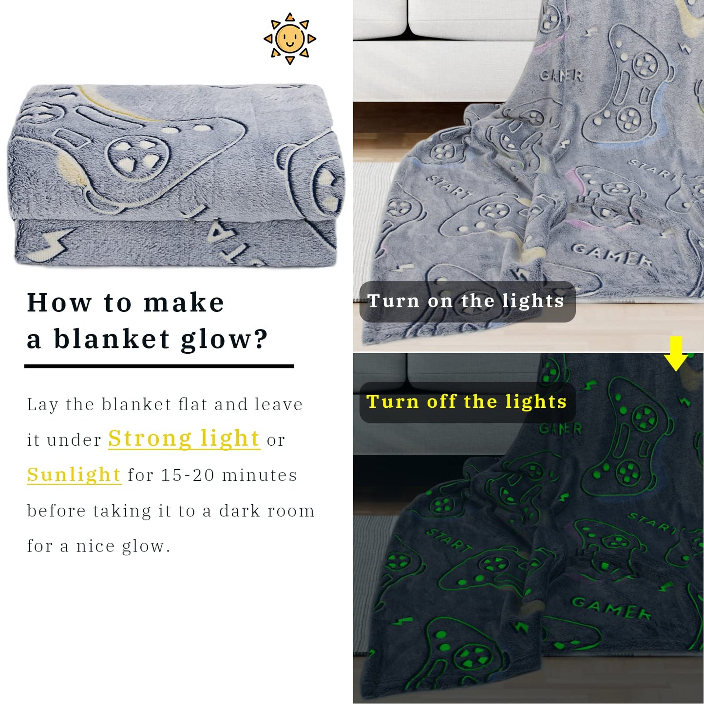 Glow in The Dark Blanket Game Controller Throw Blanket, Toys for Kids Boyfriend, Boys Teen Soft Cozy Gaming Blanket Gamer Gifts Game Decor Blankets for Home Bedroom 80"x60"