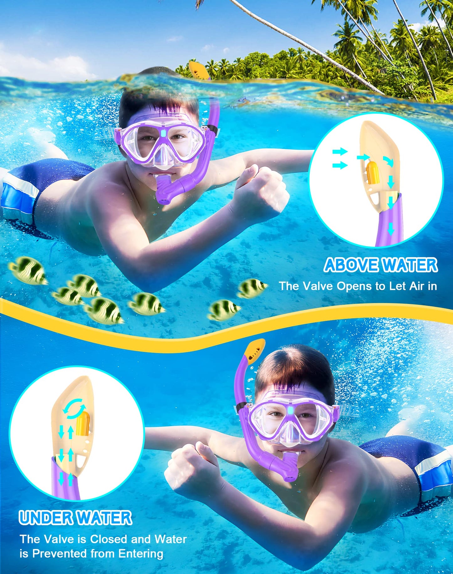 Gintenco Kids Snorkel Set, Diving Mask for Children as Unisex Kids Swimming Goggles, Anti-Fog Diving Mask and Dry Top Snorkel Combo Set for Junior and Youth