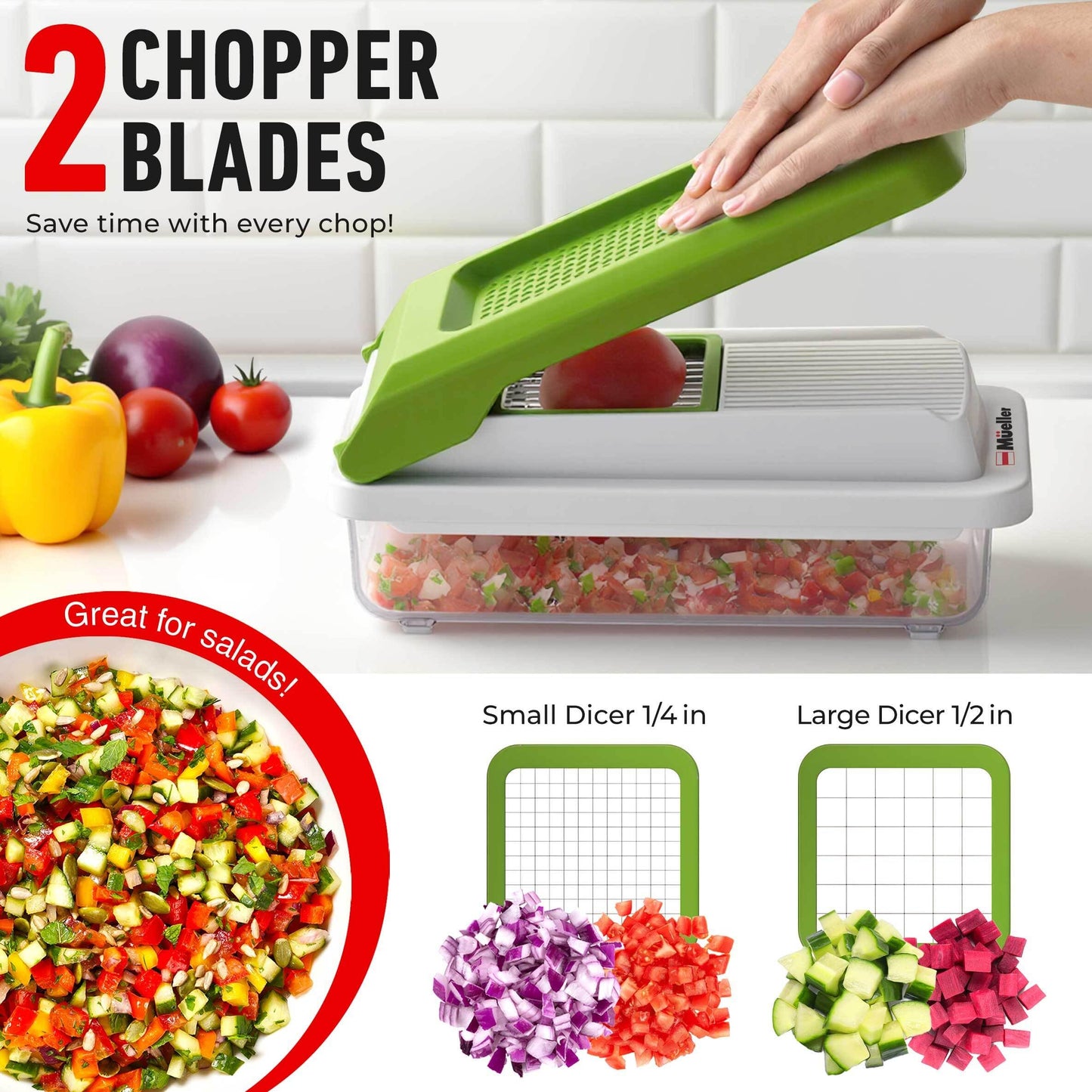 Mueller Vegetable Chopper 9 Blade, Mandoline Slicer, Food Veggie Chopper, Cheese Grater, Onion Vegetable Cutter with Container, Dicer, Kitchen Gadgets & Essentials, White Sand/Green