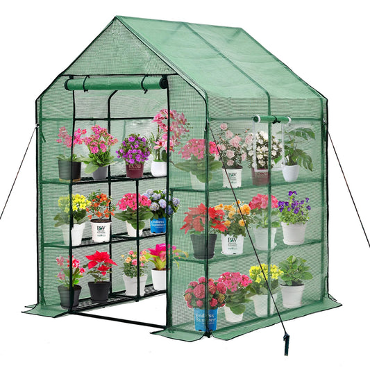 Purlyu Walk-in Greenhouse for Outdoors, Thickened PE Cover & Heavy Duty Powder-Coated Steel, Mesh Door & Screen Windows, 14 Sturdy Shelves 4.7x4.7x6.4 FT, (GHW002G)