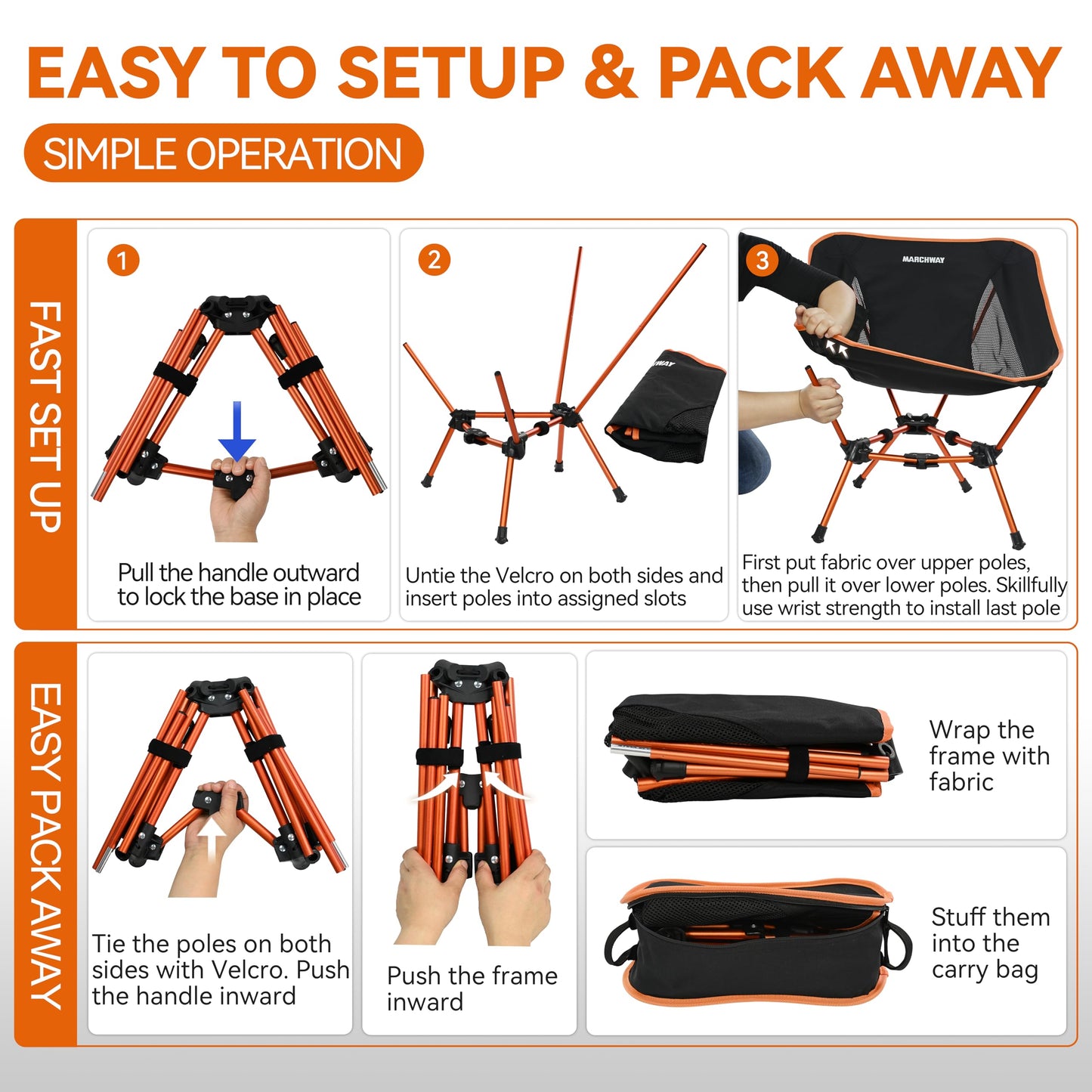 MARCHWAY Lightweight Folding Camping Chair, Portable Foldable Compact for Outdoor Camp, Travel, Beach, Picnic, Festival, Hiking, Backpacking, Supports 330Lbs (Orange)