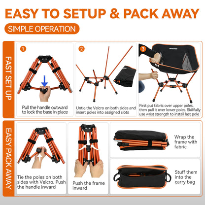 MARCHWAY Lightweight Folding Camping Chair, Portable Foldable Compact for Outdoor Camp, Travel, Beach, Picnic, Festival, Hiking, Backpacking, Supports 330Lbs (Orange)