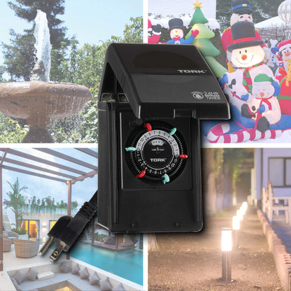 NSi Industries TORK RHB32R Indoor/Outdoor 15-Amp Plug-in Heavy Duty Mechanical Timer 24-Hour Programming – GREEN & RED Trippers TWO Receptacles Black Cover