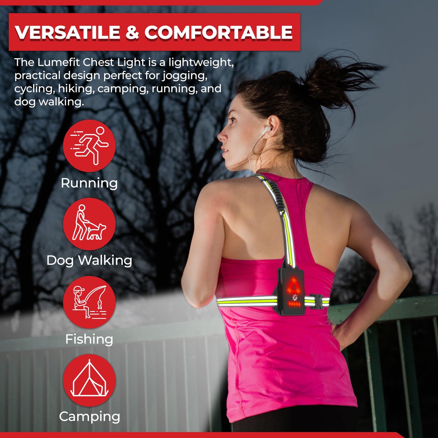 LUMEFIT Running Lights for Runners with Yellow Reflective Vest, Adjustable Beam Night Safety LED Chest Light Run, Dog Walking, and Jogging Gear, Rechargeable Headlamp Flashlight