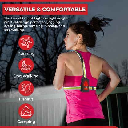 LUMEFIT Running Lights for Runners with Yellow Reflective Vest, Adjustable Beam Night Safety LED Chest Light Run, Dog Walking, and Jogging Gear, Rechargeable Headlamp Flashlight