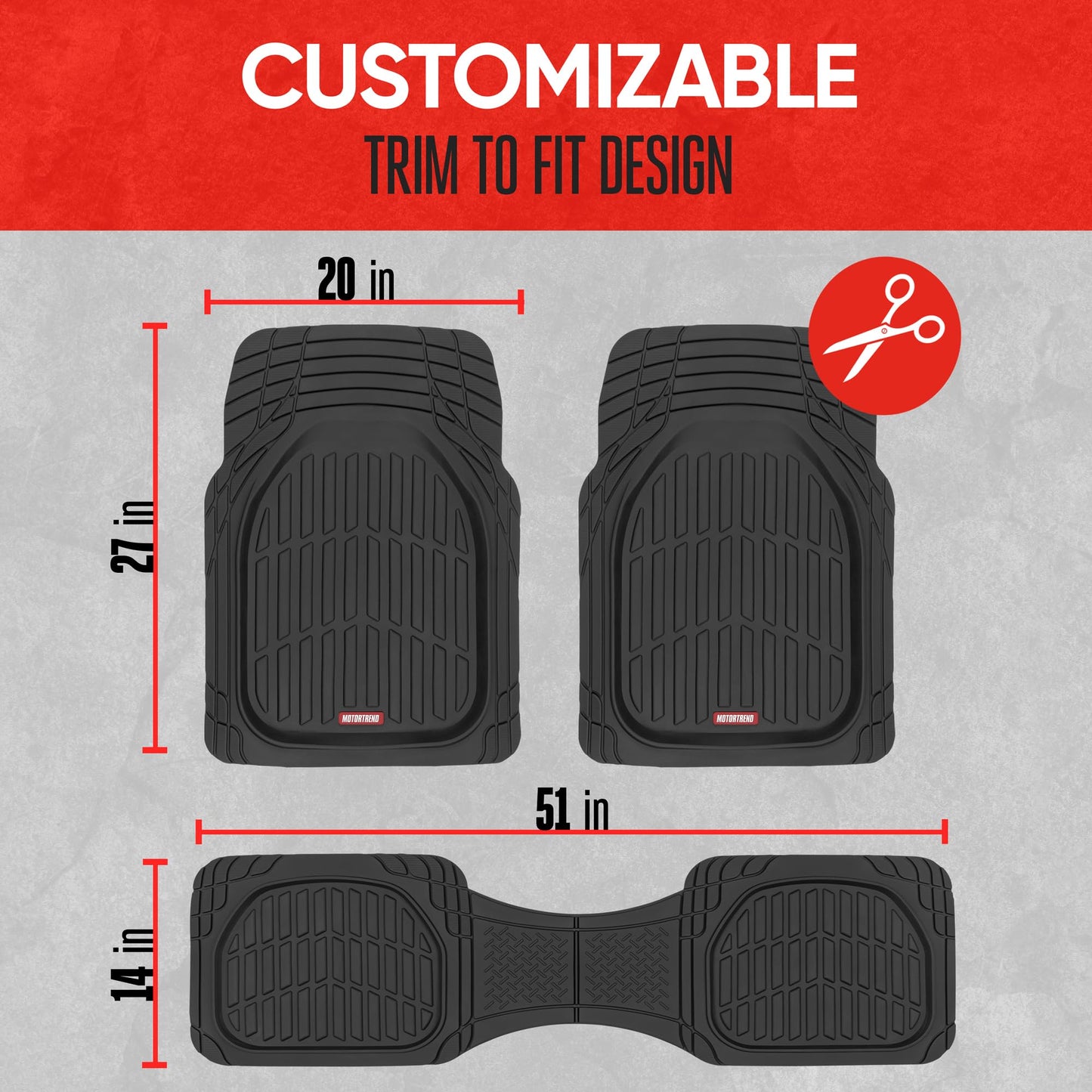 Motor Trend FlexTough Floor Mats for Cars, Black Deep Dish All-Weather Mats, Waterproof Trim-To Fit Automotive Floor Mats for Cars Trucks SUV, Universal Floor Liner Car Accessories