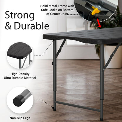 4 Feet Foldable Table Adjustable Height with Built in Handle, Steel Legs | Heavy Duty Portable | Perfect for Party, Dining, Wedding, Events, Picnic Indoor, Outdoor, Camping, Utility, Folding