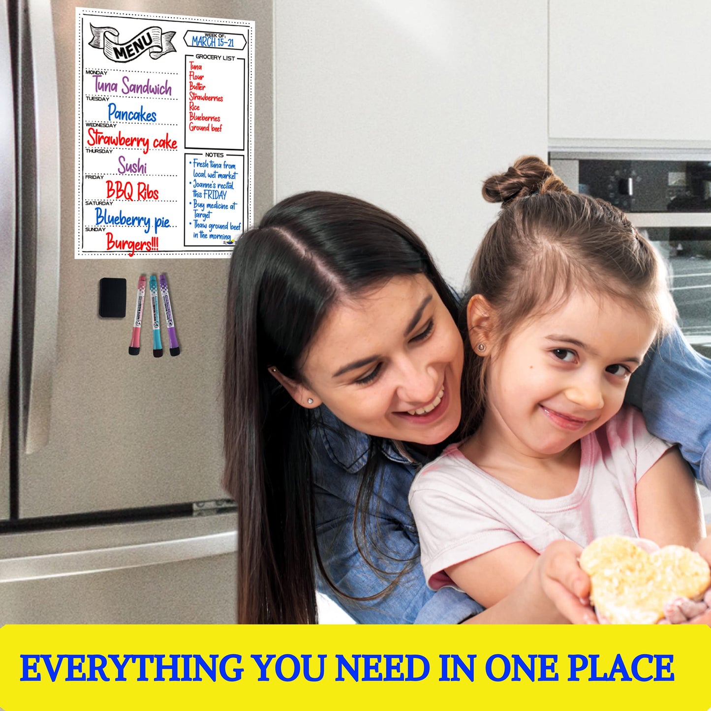 Magnetic Weekly Meal Planner for Refrigerator – 16x12” Dry Erase Menu Board for Kitchen – Fridge Calendar with 3 Markers & Eraser – Track Meals, Groceries, Notes & More – Easy-Clean Whiteboard