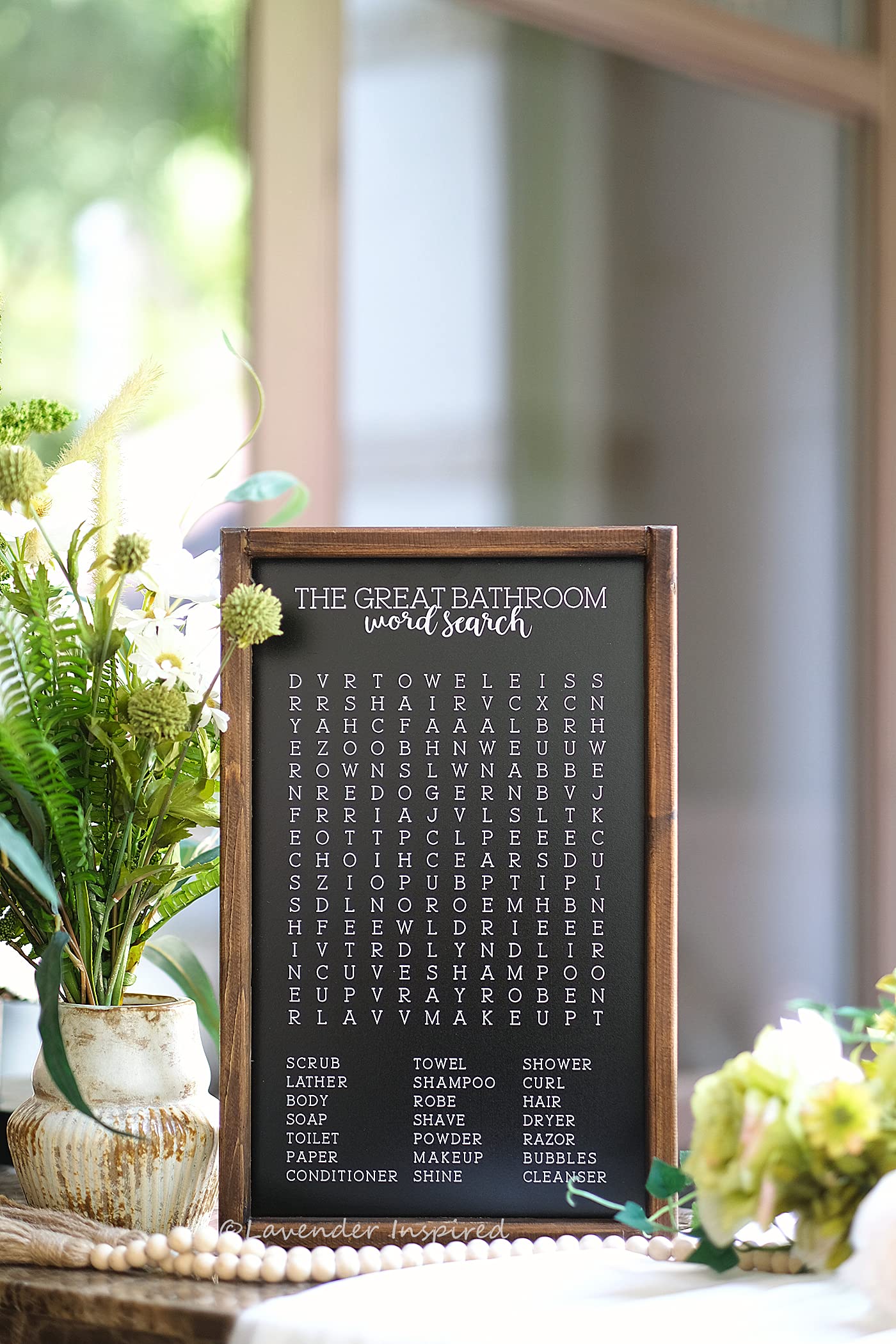 Lavender Inspired Word Search - Rustic Farmhouse Wooden Sign - Funny Wall Art Decor - Half Bath Sign - Kids Bathroom Decor - Housewarming Present (BLACK)