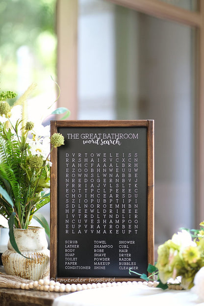 Lavender Inspired Word Search - Rustic Farmhouse Wooden Sign - Funny Wall Art Decor - Half Bath Sign - Kids Bathroom Decor - Housewarming Present (BLACK)
