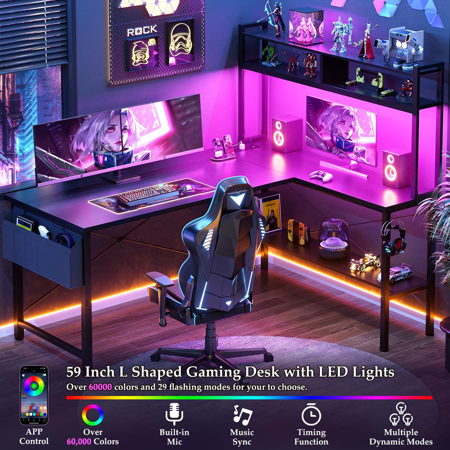 Aheaplus L Shaped Desk Gaming Desk, 59" L Shaped Computer Desk with LED Light & Power Outlet, Reversible Home Office Desk Gamer Desks with Shelves & Storage Bag & Hooks, Corner PC Desk, Black
