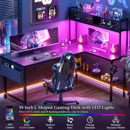 Aheaplus L Shaped Desk Gaming Desk, 59" L Shaped Computer Desk with LED Light & Power Outlet, Reversible Home Office Desk Gamer Desks with Shelves & Storage Bag & Hooks, Corner PC Desk, Black