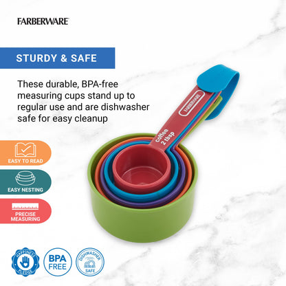 FARBERWARE 5-Piece Measuring Cup Set with Coffee Scoop, Durable Plastic Nesting Measuring Cups with Easy-Read Markings, BPA-Free, Dishwasher Safe