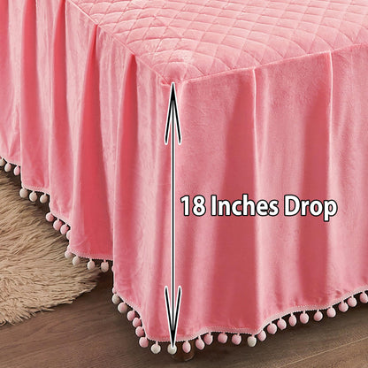 LIFEREVO Luxury Pom Poms Velvet Bed Skirt, Velvet Wrap Around Bed Skirt, Diamond Quilted Fitted Bed Sheet with Bedskirt, 18 Inch Drop Dust Ruffle Decorative Bedspread Pompoms Fringe(Full/Queen, Pink)
