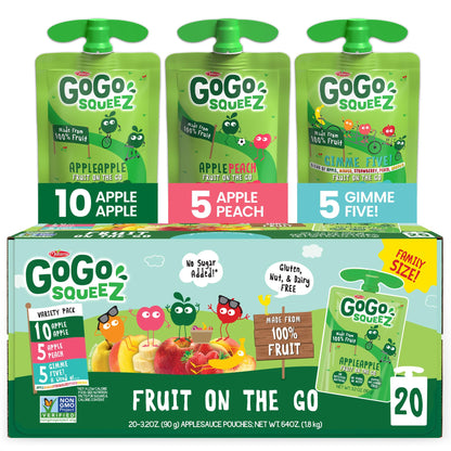 GoGo squeeZ Applesauce and Fruit Puree Variety Pack, Apple, Peach & Gimme Five!, 3.2 oz (Pack of 20), Unsweetened Fruit Snacks for Kids, Gluten Free, Nut Free and Dairy Free, BPA Free Pouches