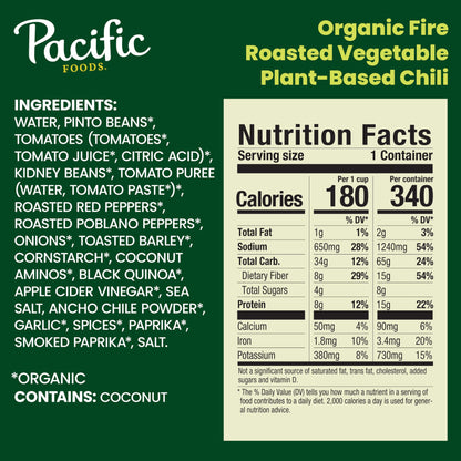 Pacific Foods Organic Fire Roasted Vegetable Chili, Plant Based, 16.5 oz Can(Pack of 1)