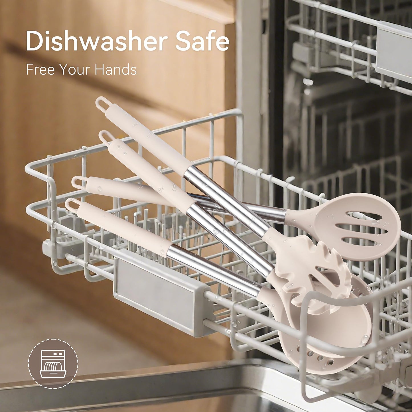 NCUE Kitchen Utensils Set, 28 Pcs Silicone Cooking Utensils Set with Holder, Spatula Set, Silicone Whisk, Scissors, Measuring Cups and Spoons Set with Stainless Steel Handle Kitchen Gadgets (Khaki)