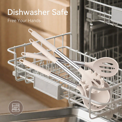 NCUE Kitchen Utensils Set, 28 Pcs Silicone Cooking Utensils Set with Holder, Spatula Set, Silicone Whisk, Scissors, Measuring Cups and Spoons Set with Stainless Steel Handle Kitchen Gadgets (Khaki)