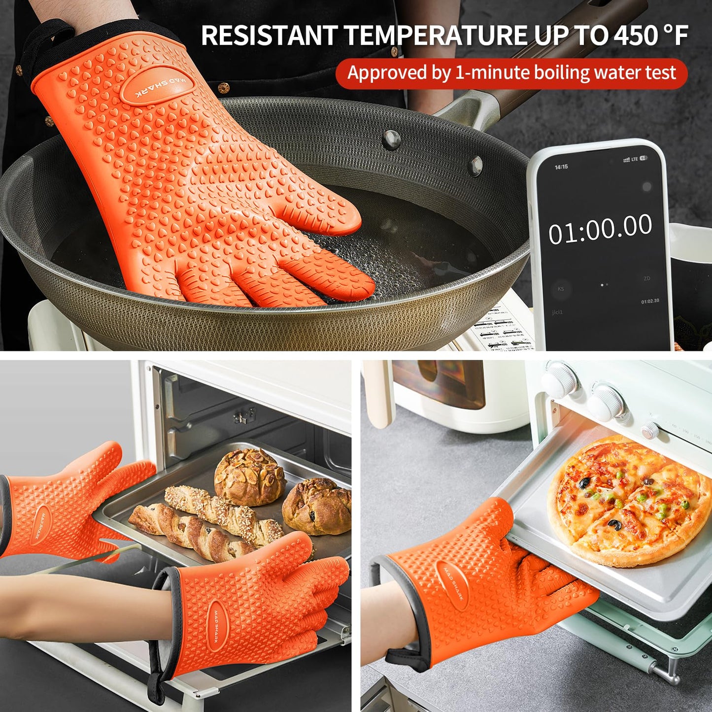 MAD SHARK Silicone Oven Mitts Heat Resistant 450 Degrees with Waterproof & Non-Slip Oven Gloves with Fingers, Silicone Oven Gloves Kitchen Mittens for Baking Cooking Barbecue (Orange)
