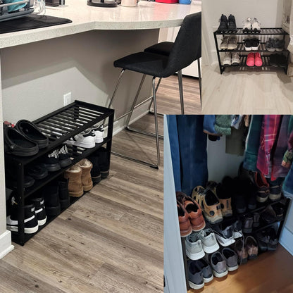 Jripae Bamboo Shoe Rack for Closet, Stackable 3 Tier Longer Shoe Organizer Shelf Holder Storage 12-15 Pairs for Entryway Door Hallway Bedroom Garage Space Saving Foldable Black