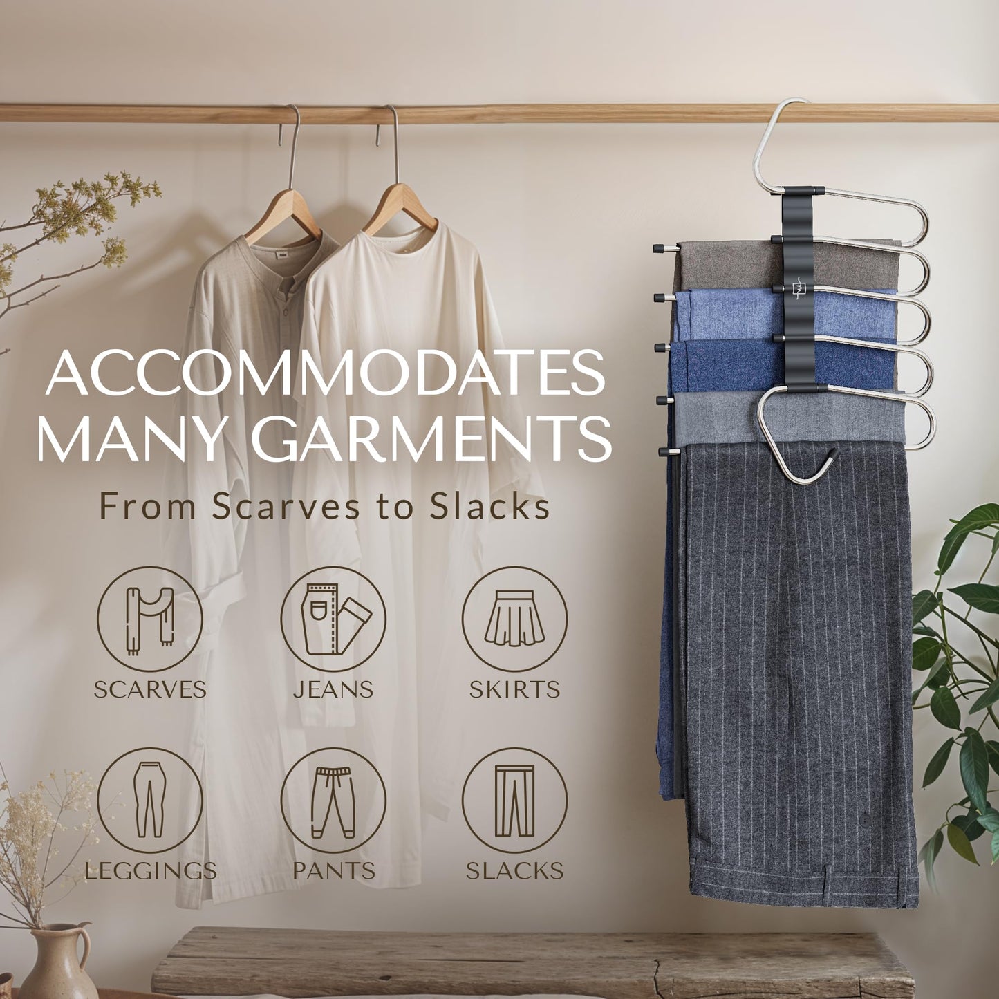 MORALVE Pants Hangers Space Saving - 2 Pack - Non-Slip Multi-Layer Space Saving Hangers - Multifunctional Clothing Rack for Closet Storage - Ideal for Jeans, Trousers, Skirts, Scarves & Slacks (Black)