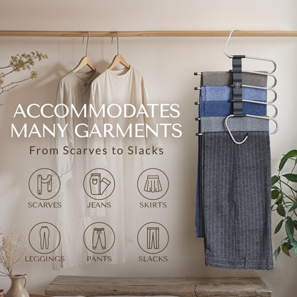 MORALVE Pants Hangers Space Saving - 2 Pack - Non-Slip Multi-Layer Space Saving Hangers - Multifunctional Clothing Rack for Closet Storage - Ideal for Jeans, Trousers, Skirts, Scarves & Slacks (Black)