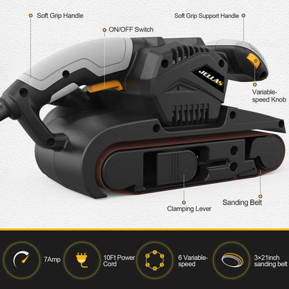 Jellas 7Amp Belt Sander 3 × 21-Inch with Dust Bag, Bench Sander with Variable-speed Control, 2 in 1 Vacuum Adapter, 10 Feet (3 Meters) Length Power Cord - BS750