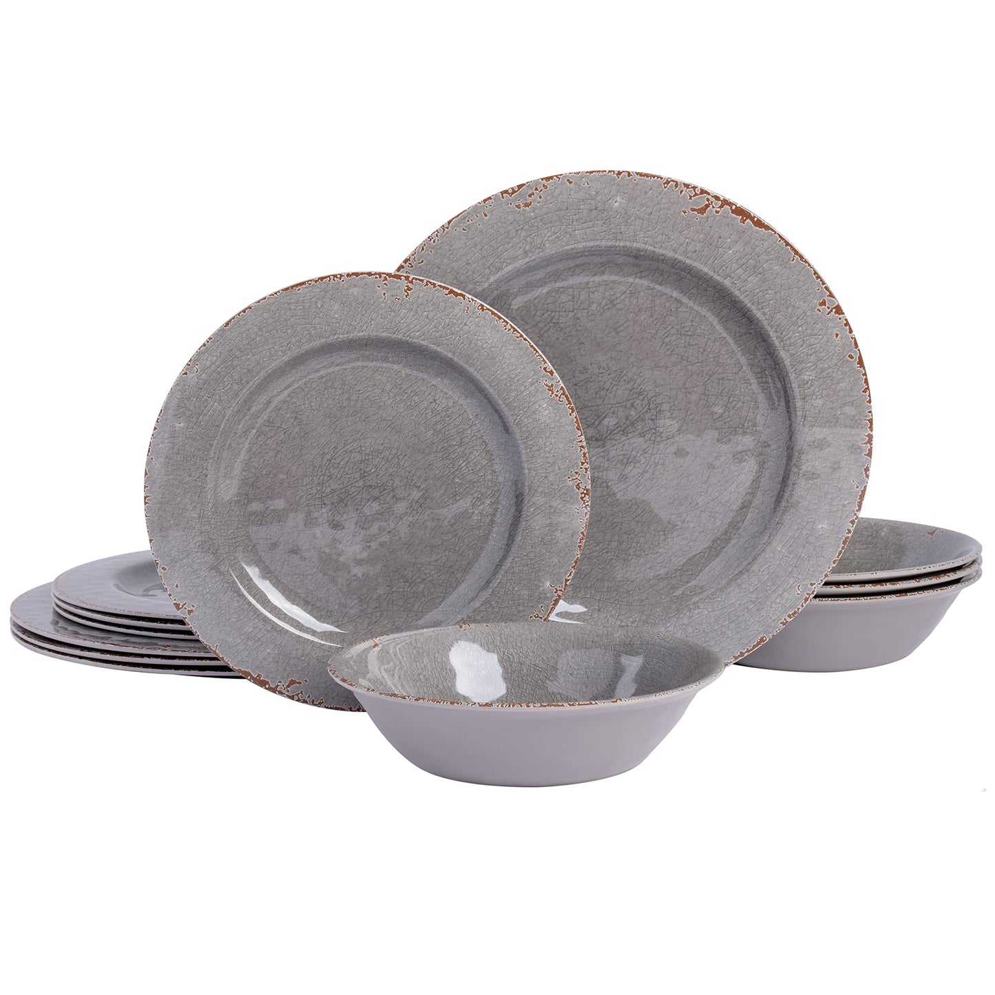 Gibson Home Mauna Melamine Plastic Dinnerware Set, Service for 4 (12pcs), Grey Rustic