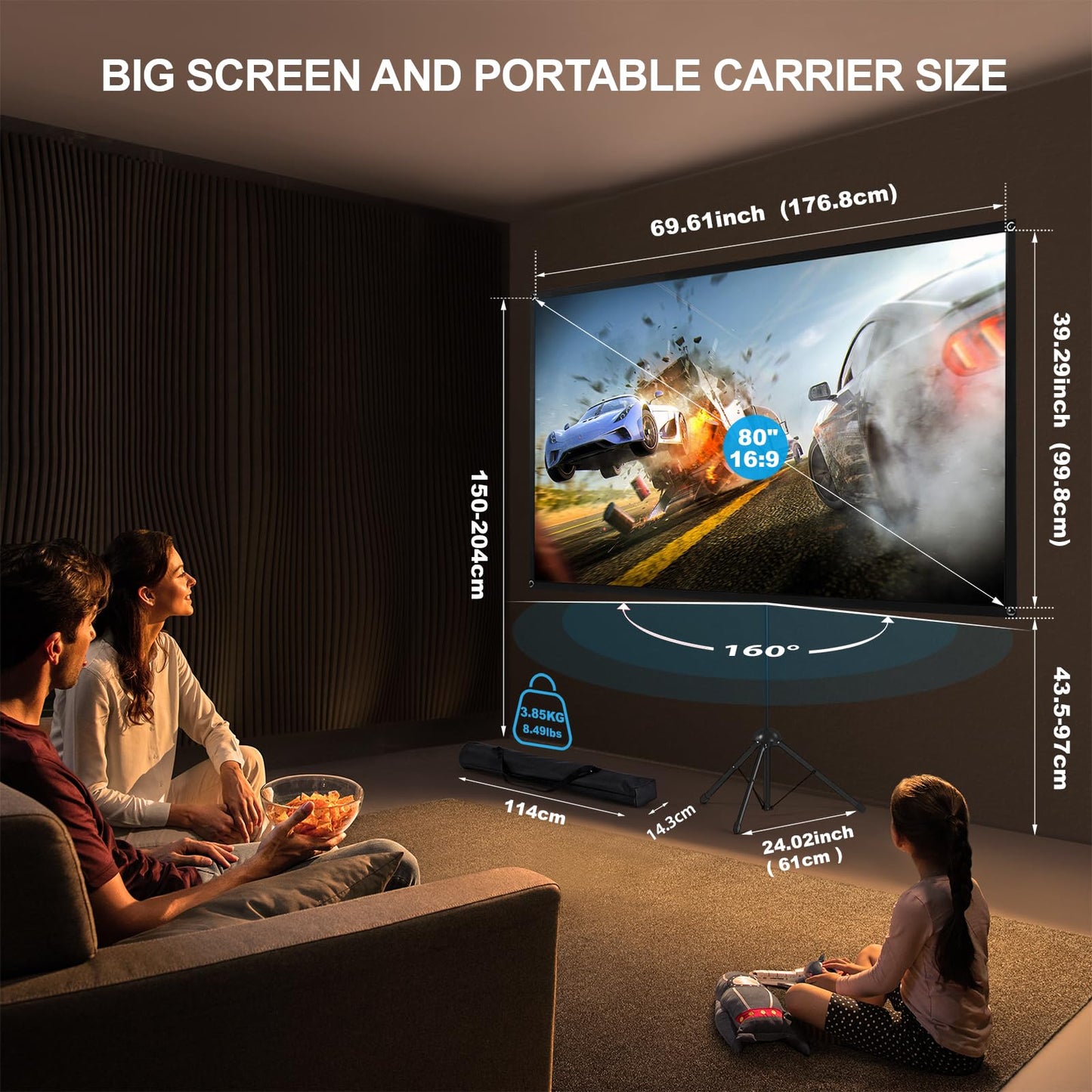 Portable Projector Screen with Stand, Outdoor Movie Screen, 80 Inch 16:9, Light-Weight, Mobile and Compact, Easy Setup and Carrying, Projection Screen with 1.2 Gain Glass Fiber, Idea for Home Cinema.