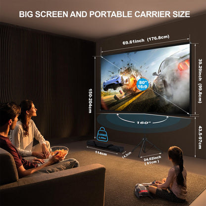 Portable Projector Screen with Stand, Outdoor Movie Screen, 80 Inch 16:9, Light-Weight, Mobile and Compact, Easy Setup and Carrying, Projection Screen with 1.2 Gain Glass Fiber, Idea for Home Cinema.