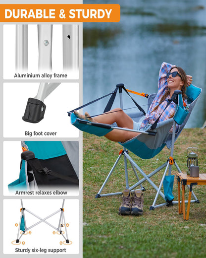 KingCamp Hammock Chair with Footrest, Swinging Portable Folding Camping Chairs for Adults MAX 400lbs Heavy Duty Foldable Oversized Rocker with Cup Holder Pillow for Outdoor Beach Patio Sport Lawn