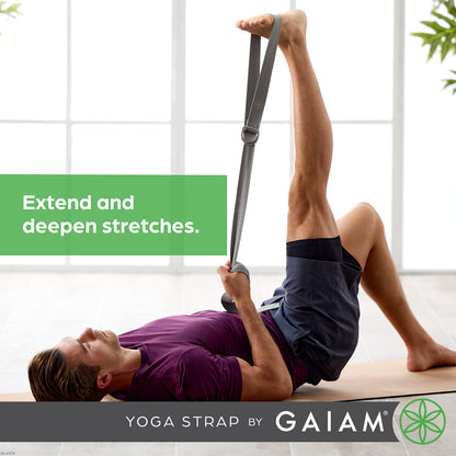 Gaiam Yoga Strap 8ft Stretch Band with Adjustable Metal D-Ring Buckle Loop - Exercise & Fitness Stretching for Yoga, Pilates, Physical Therapy, Dance, Gym Workouts (Black)