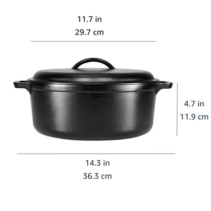 Amazon Basics Round Pre-Seasoned Cast Iron Dutch Oven Pot with Lid and Dual Handles, Heavy-Duty & Large, 7-Quart, Black