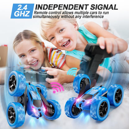 QUNREDA Remote Control Car, RC Cars Toys for Kids Ages 6-12, 4WD Stunt Car with LED Lights & 360° Flips, 2.4GHz, Upgraded USB-C Modular Batteries, 8-10 Year Old Boys Birthday Gift 1-Blue