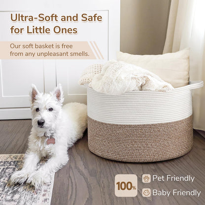 INDRESSME XXXLarge Cotton Rope Basket 21.7" x 21.7" x 13.8" Woven Baby Laundry Blanket Basket Toy Baskets with Handle Storage Comforter Cushions Thread Laundry Hamper Home Decor Living Room