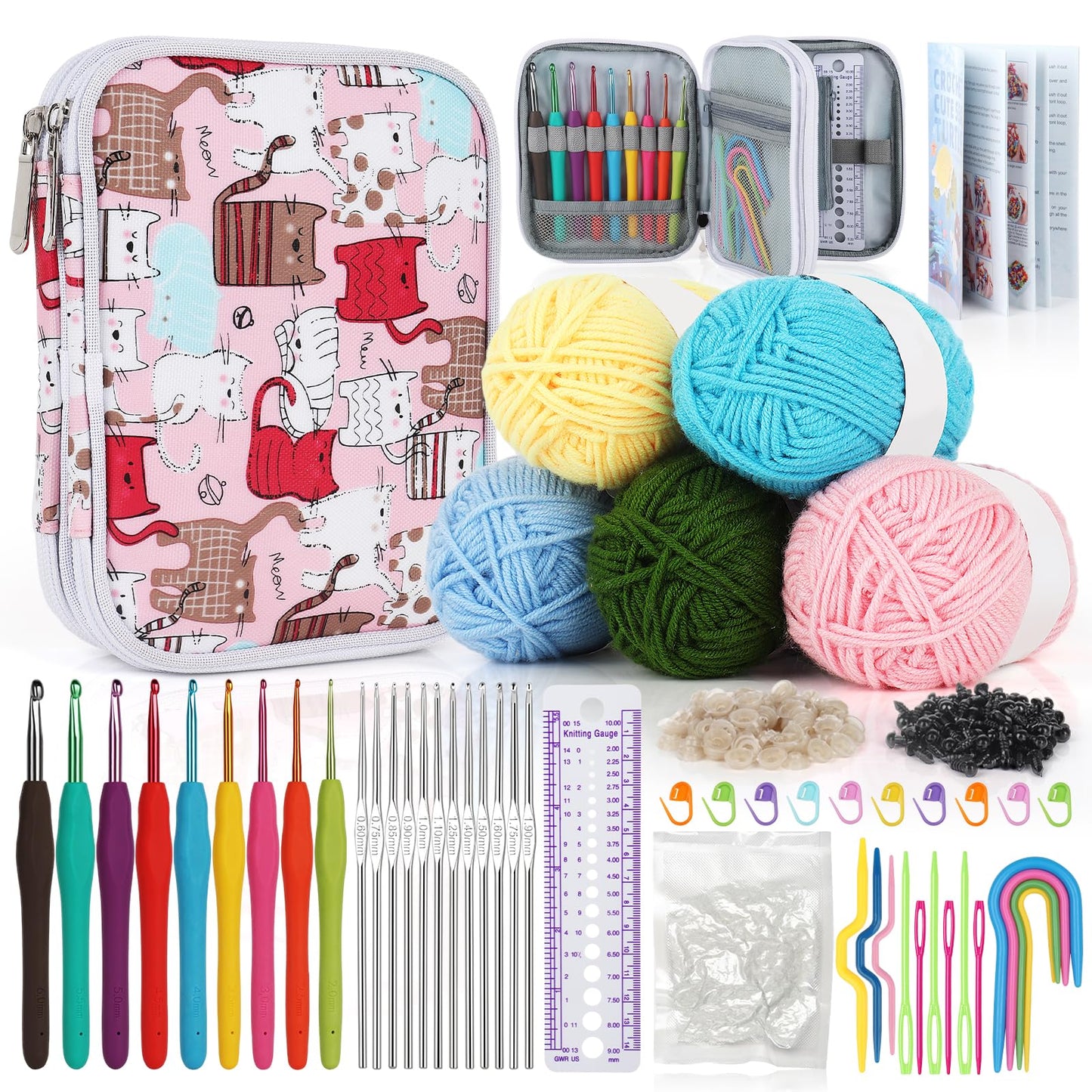 Katech Beginner Yarn for Crocheting and Knitting-Crochet Kit for Beginners Adults Kids Professionals-Crocheting Animals Kits-Includes 382 Yards Cotton Yarn Balls, Hooks, Accessories, Tutorials