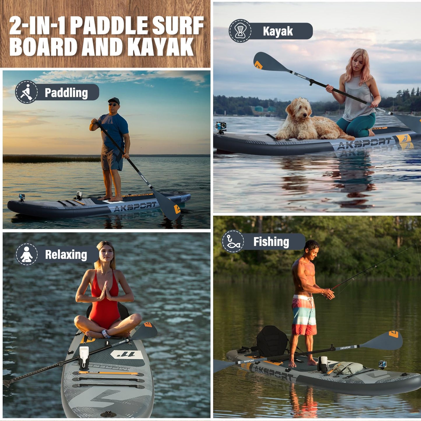 AKSPORT 11' x 34'' x 6'' Inflatable Stand Up Paddle Board SUP with Full Accessories,Wide Stable Design, Non-Slip Deck- 2-in-1 Convertible SUP/Kayak for Paddling/Fishing