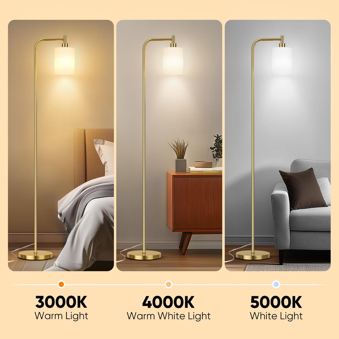 QiMH Floor Lamps for Living Room, Modern Standing Lamp with Frosted Glass Shade, Industrial Floor Lamp - Foot Switch, Gold Tall Pole Lamp for Bedroom Home Office (LED Bulbs Included)