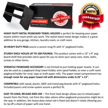 Pegboard Paper Towel Holder with Shelf, Peg Board Accessory Kit with Heavy Duty Peg Hooks, Black Pegboard Accessories Tool Holder Organizer